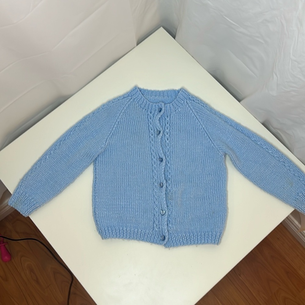 Hand knit baby blue cardigan sweater heart shaped buttons cottage core toddler